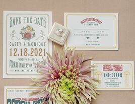 A vintage-themed save the date suite