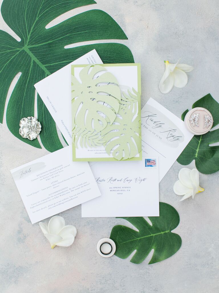 Monstera green-toned wedding invitation suite