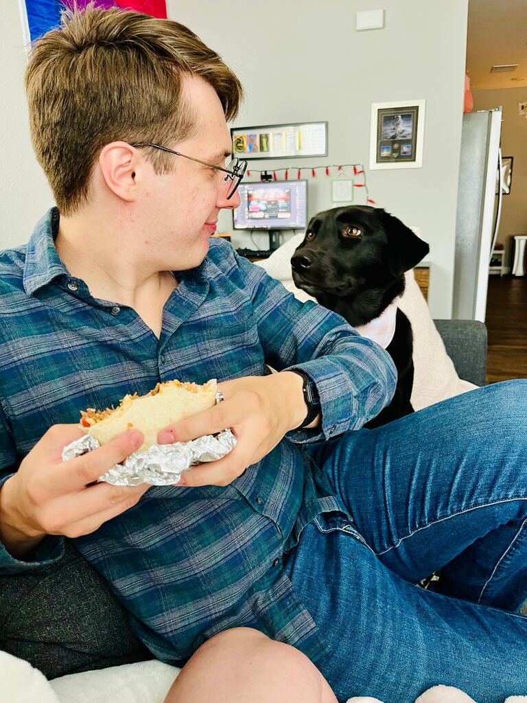 Beatrix staring Griffen down for his burrito.
