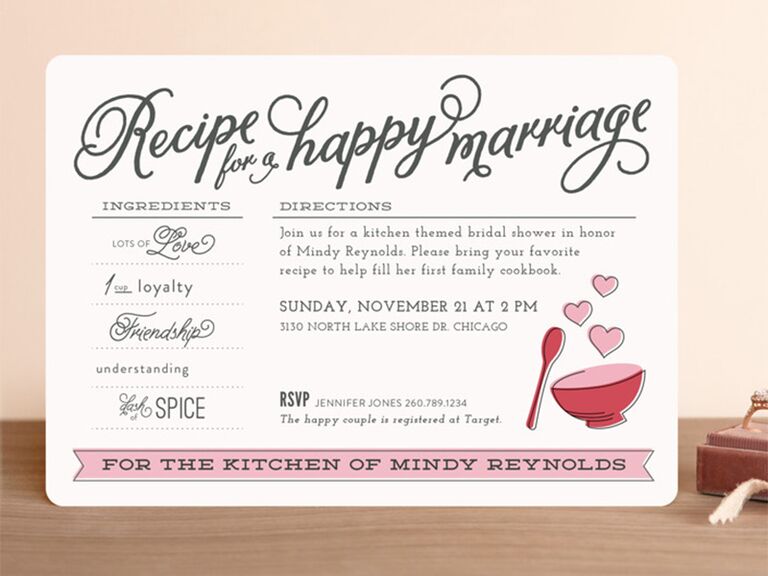 Recipe card design with pink details and loopy type on white background