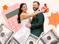 Average wedding cost collage of wedding couple, money, calculator