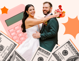 Average wedding cost collage of wedding couple, money, calculator