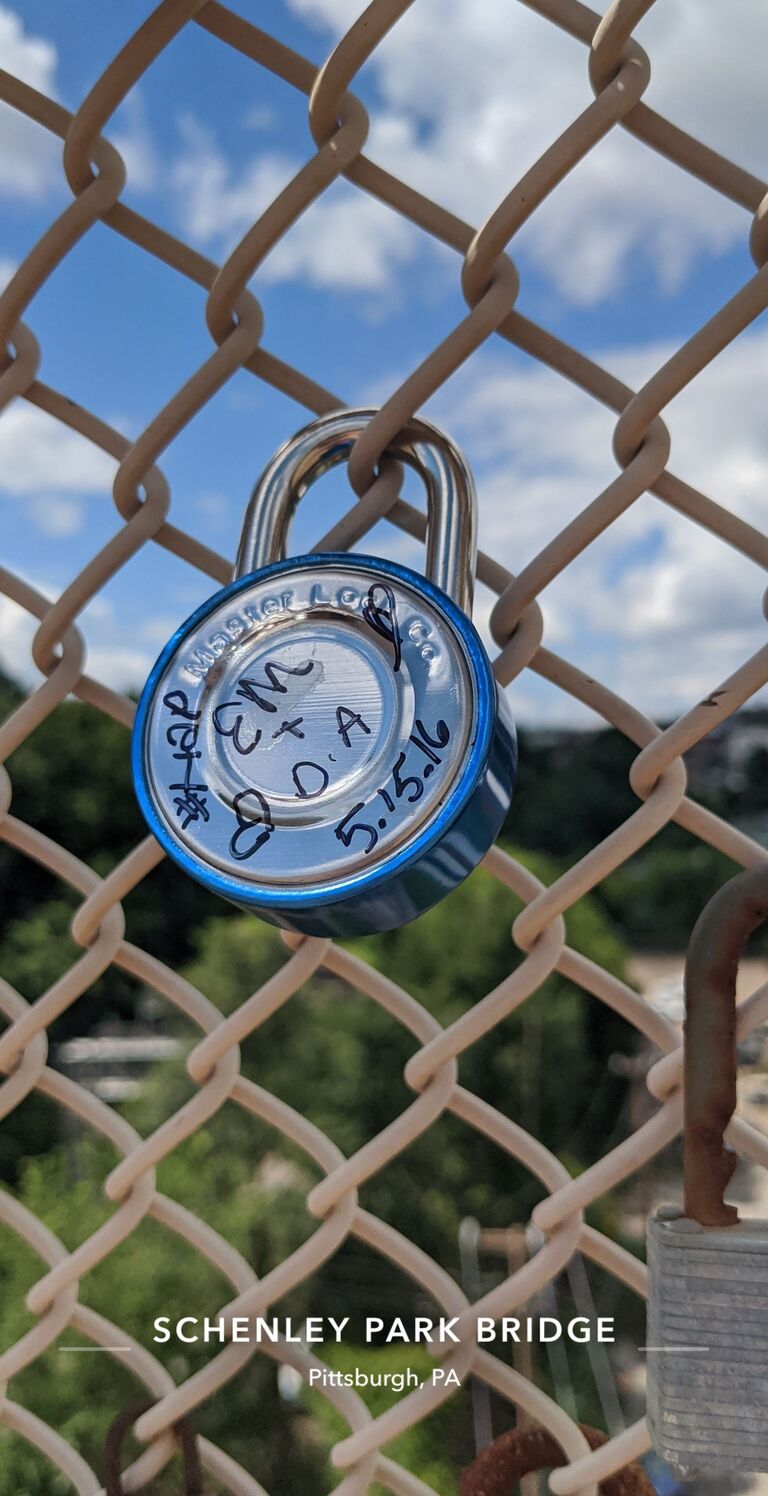 Our biggest change to date came when we said goodbye to our Pittsburgh friends and family and moved to Camden, so that Emily could attend law school.  Fun fact: we visited our lock in Nov. 2023, and it's still there, just with a new sharpie engraving! 