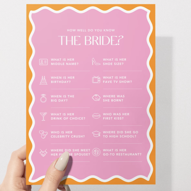 Pink and orange 'how well do you know the bride?' game cards