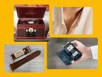 Four anniversary gifts for husband: record player, chain, smart wallet, personalized Apple watch band