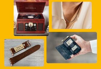 Four anniversary gifts for husband: record player, chain, smart wallet, personalized Apple watch band