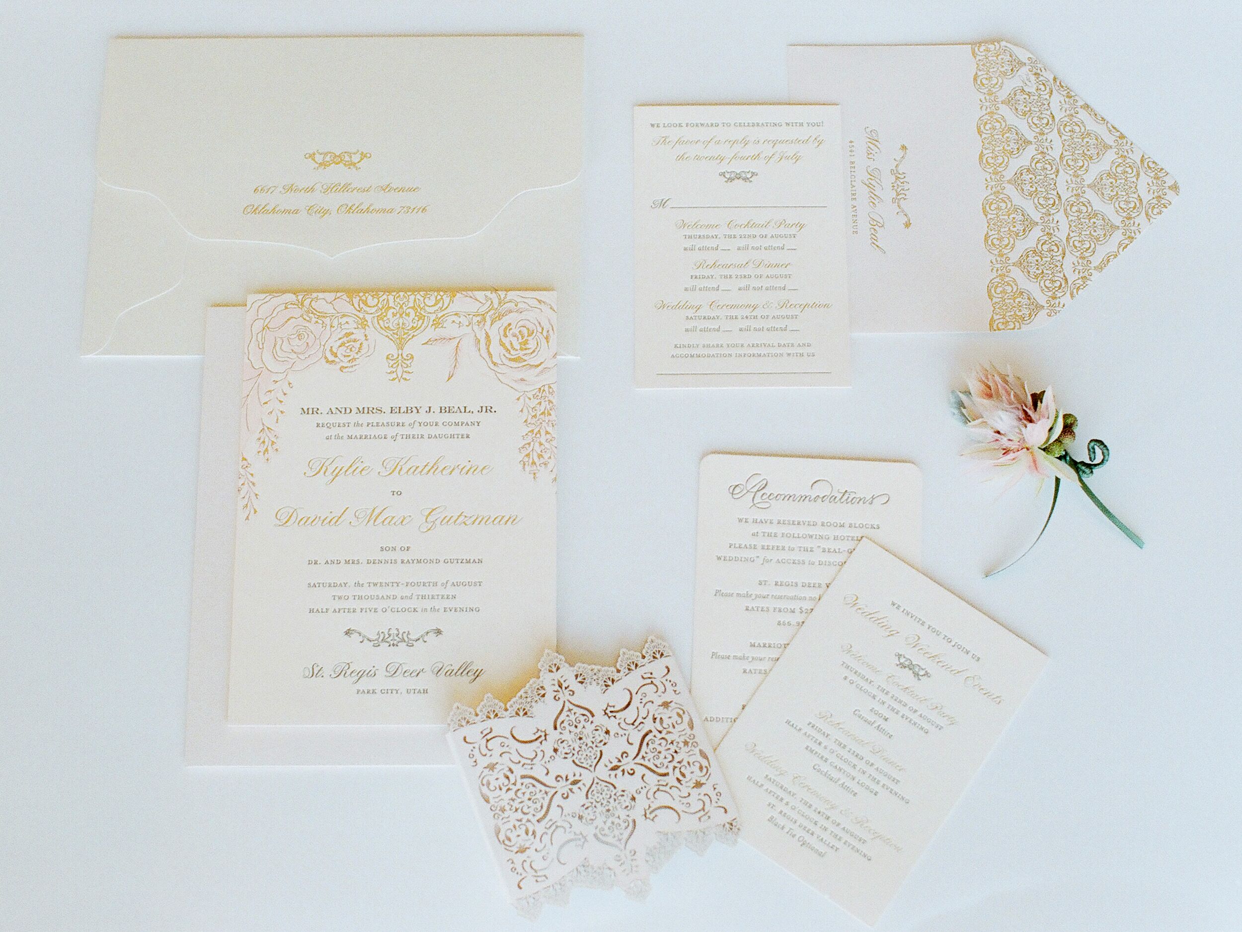 Ceci New York gold and ivory engraved wedding invitations