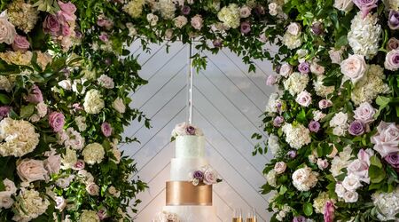 Kate Pink Floral Arch Wall with Fabric Backdrop Designed by Mandy Ring