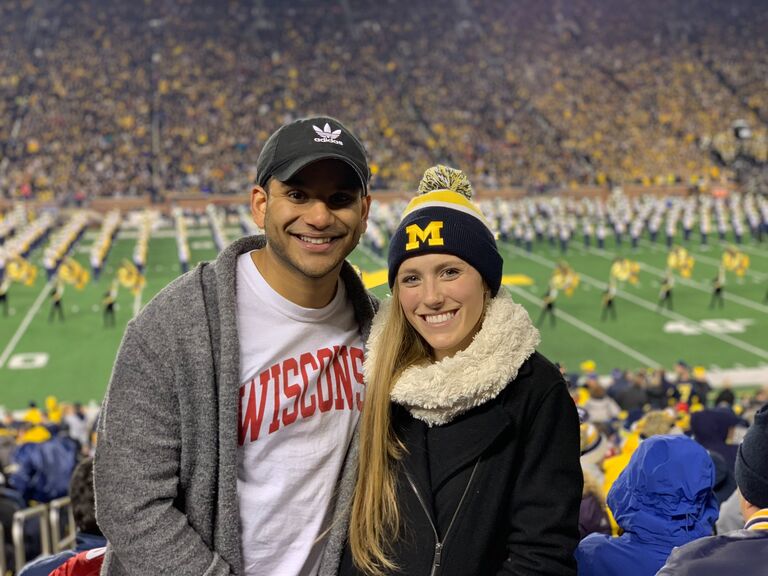 Slowly starting to convert Nikhil into a Michigan fan (not pictured- Olivia becoming a Bucks and Packers fan)