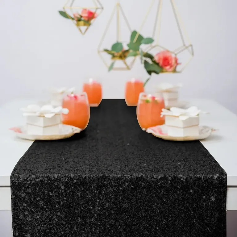 Black Modern Sparkle Sequin Table Runner for Halloween Bridal Shower