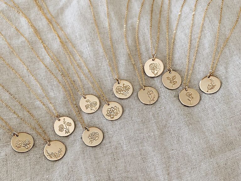 Gold pendant necklaces stamped with birth flowers bridesmaid gifts