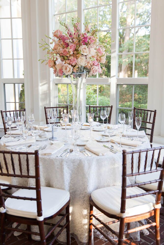 Tall Peach And Pink Peony And Garden Rose Centerpieces In Glass Vases