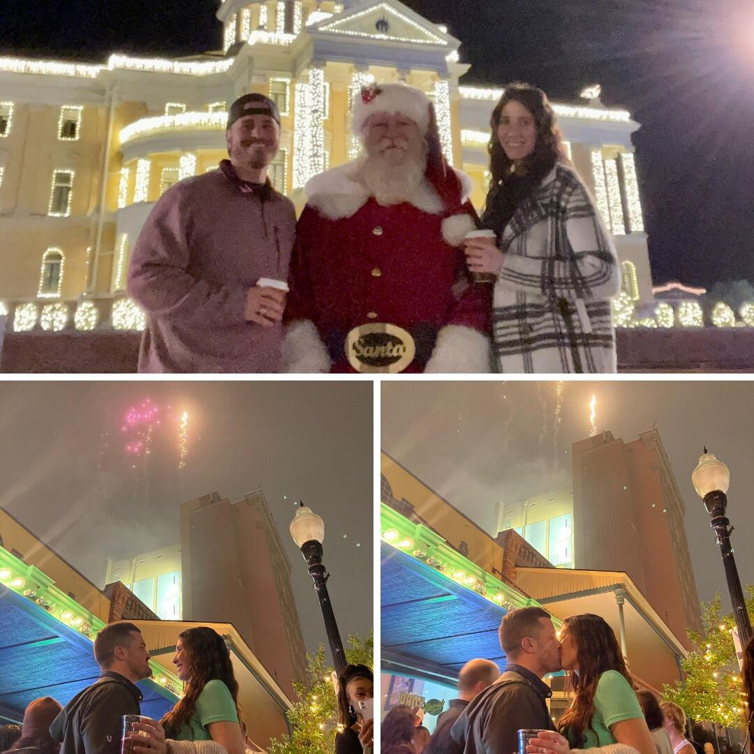 Sarah came to visit Ben for Christmas. She met some of his family (Ben has a very big family). One of those family members Sarah got to meet was Tanner, Ben's oldest best friend/cousin. Ben made jalapeno cream corn. Sarah made homemade meatballs. Sarah's dish came back empty. Ben's didn't. Later on, Ben and Sarah took a fun trip to Marshall, Texas to see one of the prettiest Christmas towns in Texas. They got hot cocoa and Santa asked if he could take a picture with them. Shortly after, Ben came to visit Sarah for New Year's Eve. Two key points in this part of the story that will be discussed later... Ben brought a bread-baking kit for them to do, and Sarah was watching her swim coach's dogs for the weekend. Ben got to meet one of Sarah's best and oldest friends Cori. They ate a fancy dinner and Cori took some perfect pictures as they brought in the New Year with a kiss. Okay... back to the part about the bread mix and the dogs. The dogs sneakily got the bread mix from off the counter during the middle of the night. The dogs consumed the entire bag of bread mix.  The dogs pooped everywhere... everywhere. Since Sarah was already in her NYE dress, Ben got on his hands and knees and cleaned it all up. Ben still remembers the smell.