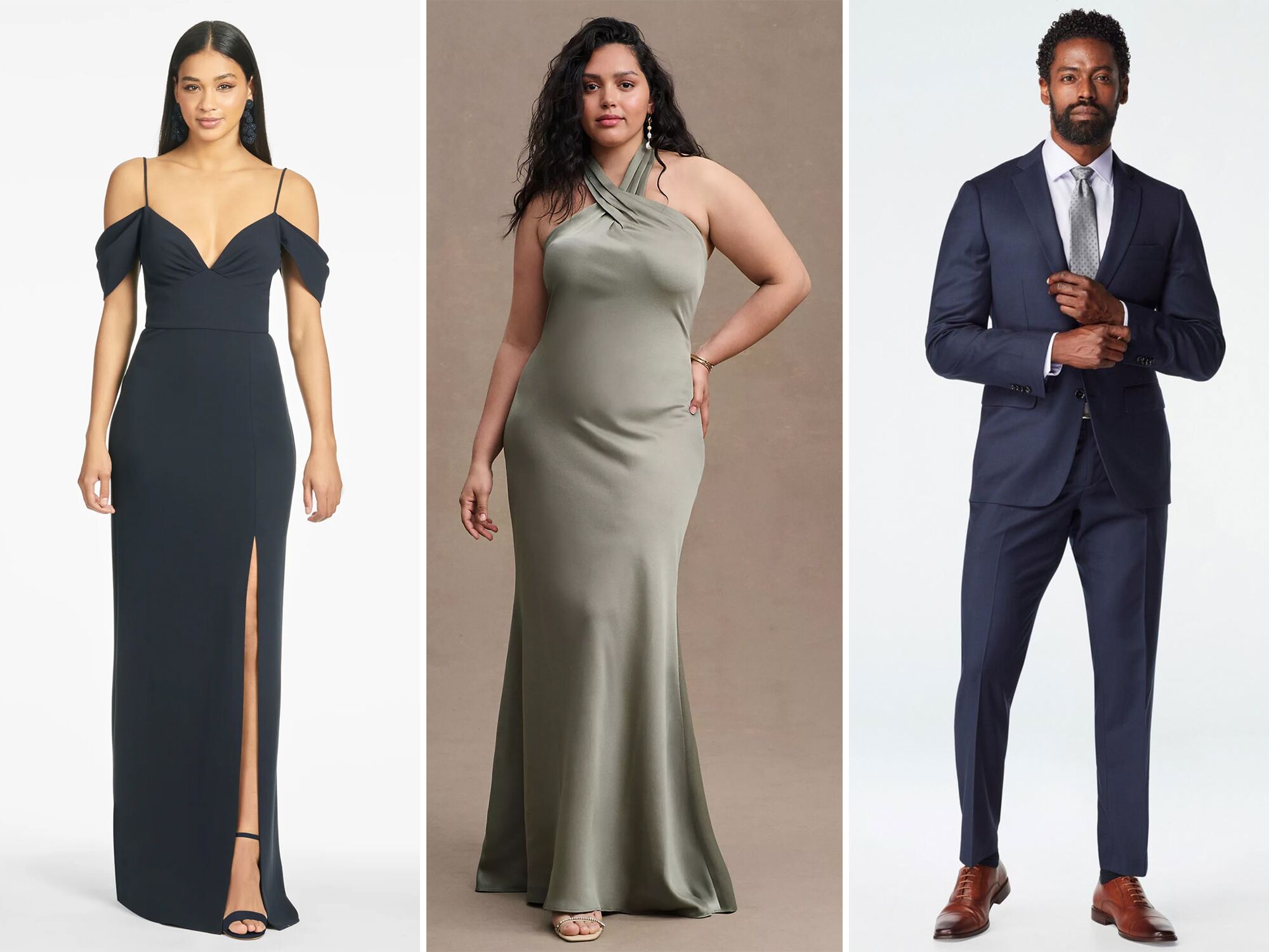 Three formal wedding guest outfits