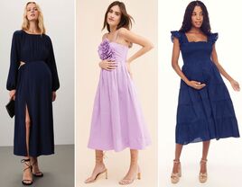 Collage of three maternity wedding guest dresses