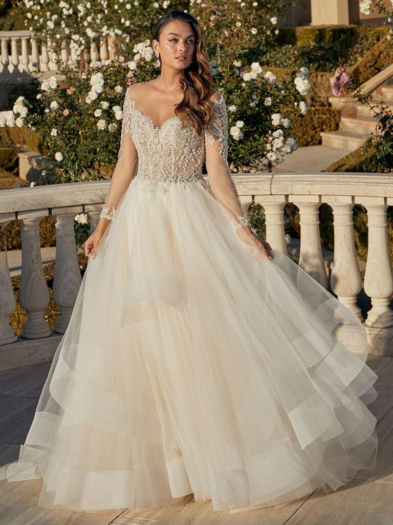casablanca bridal champagne off the shoulder wedding dress with sweetheart neckline lace chest and tulle ball gown skirt