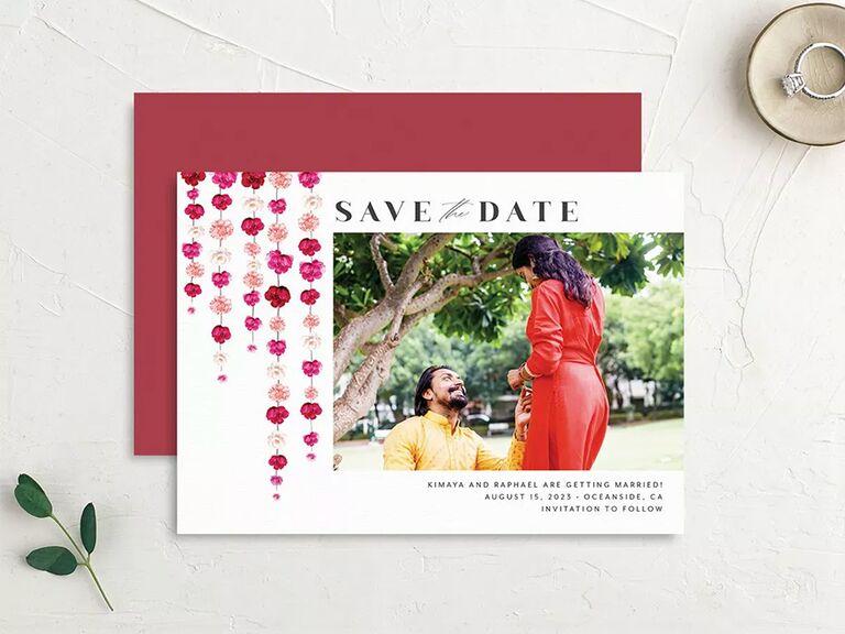 Hanging pink wildflowers from top with personalized photo on right side