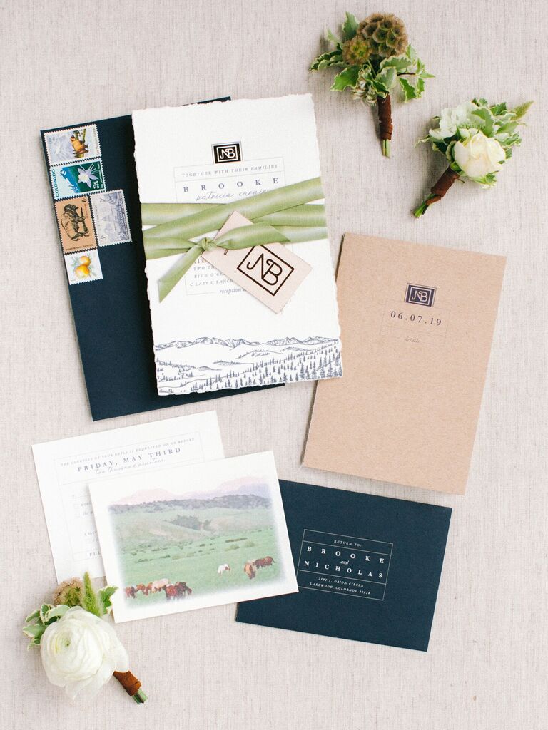 Rustic green-and-navy wedding invitation suite