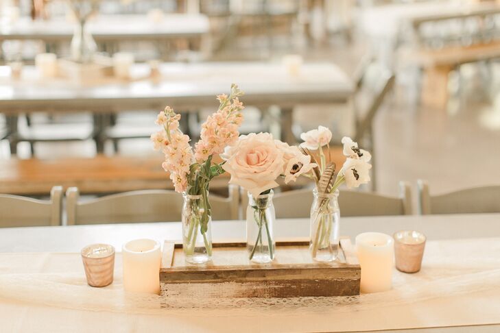 Simple Three Vase Centerpiece With Blush Flowers