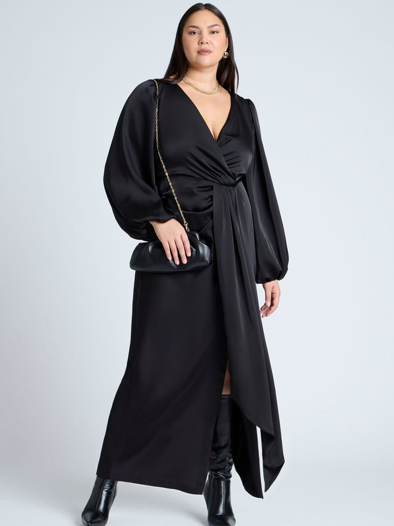 Black puff-sleeve satin midi dress from ELOQUII