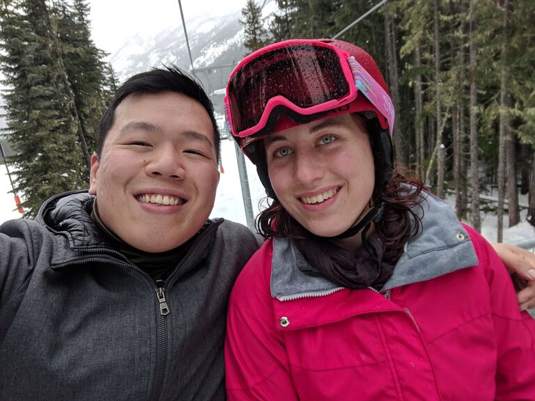 Karen and Didi start dating. Pictured here is their 3rd date where Didi spent the day teaching Karen how to snowboard.
