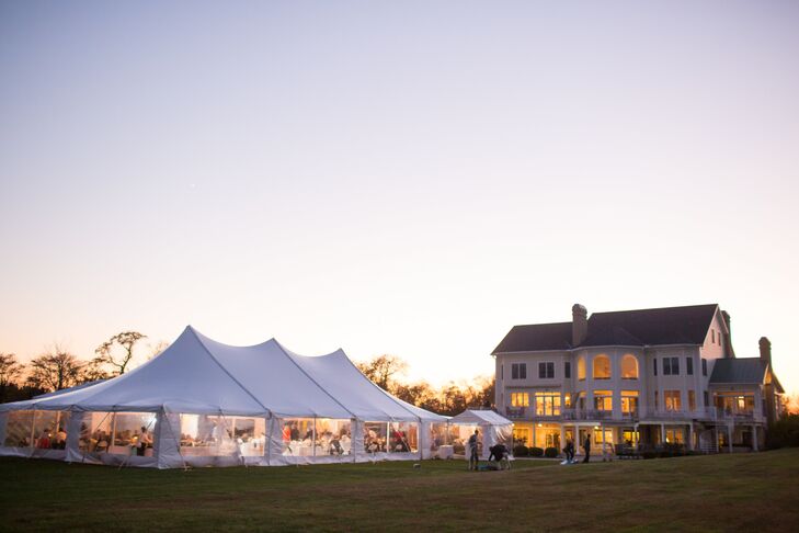 White Tented Wedding Reception At Sunset