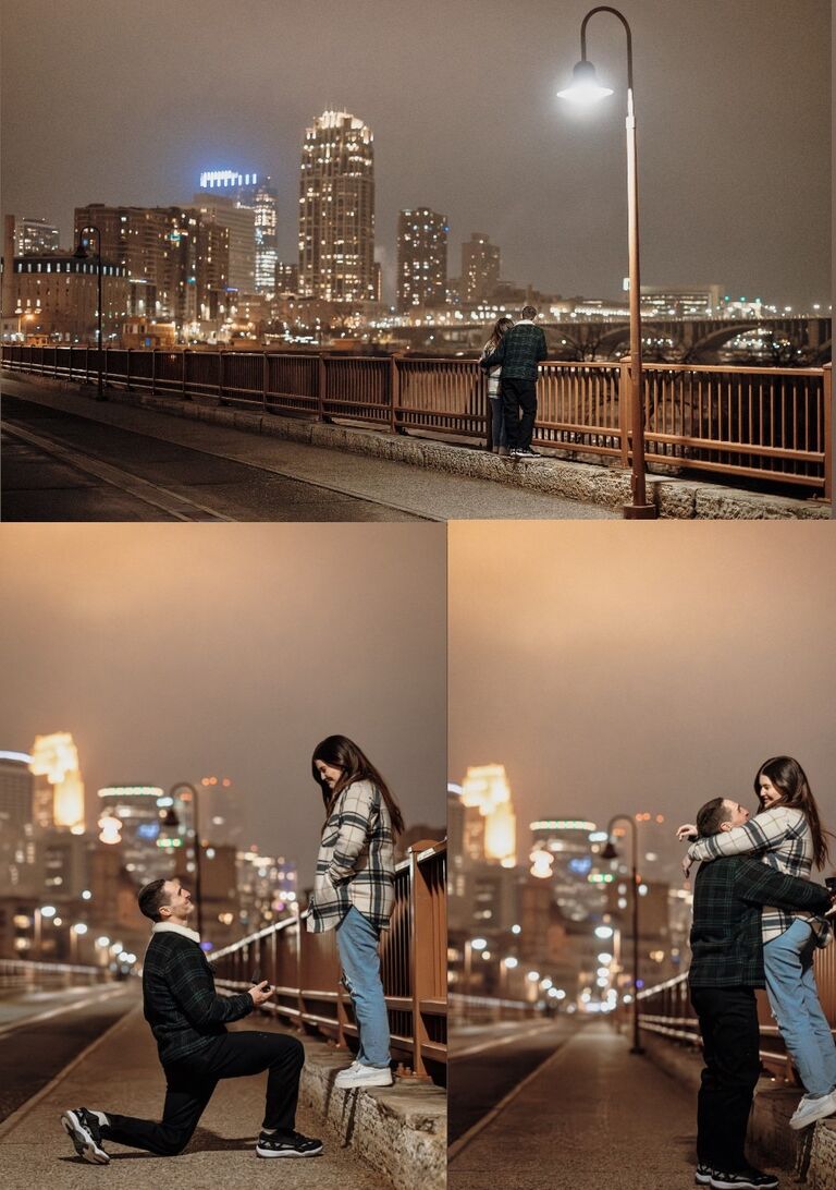 Isaac started the night with a romantic dinner downtown. After he asked me to go for a walk on the stone arch bridge. Somewhere along the way we stopped to look out over the water. I saw Isaac's shadow step back and I heard him say "turn around." I replied "I CANT" lol, finally I turned around. Easiest yes ever, once I turned around. Even though I thought Isaac couldn't surprise me anymore, he said "lets go celebrate!" We returned to Night Hawks, where our family and friends surprised me to celebrate our engagement.