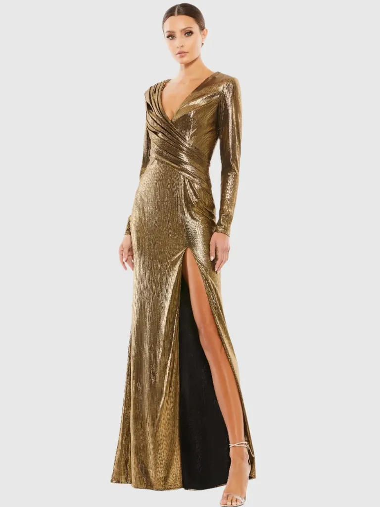 Gold metallic ruched gown winter wedding guest dress from Mac Duggal