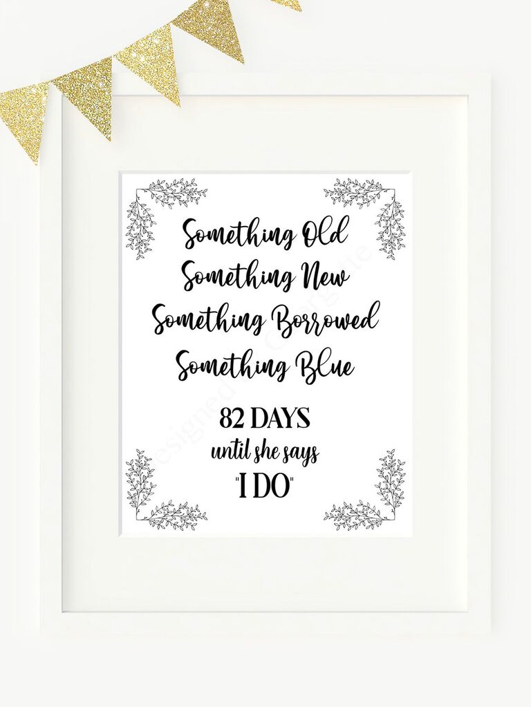 'Something old, something new, something borrowed, something blue' in black script with number of days and vine graphics in corners