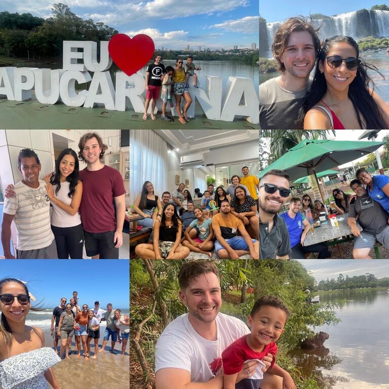 "Saudade" é uma das palavras mais bonitas em todo o mundo e não tem equivalente em inglês. É um termo em português que se refere a um profundo anseio melancólico. Isso é o que Amanda sentiu durante seis anos longe de sua família, mas as saudades estavam prestes a terminar quando a imigração finalmente deu a ela uma vitória. Eles empacotaram muitos presentes e empolgação e partiram juntos para o Brasil. Andrew estava ansioso por este dia, para ver onde Amanda cresceu, conhecer sua família e amigos, experimentar toda a comida deliciosa da qual ela vinha falando e, é claro, colocar em prática todo o seu esforço estudando português. Amanda estava mais do que empolgada para surpreender sua família e compartilhar mais da cultura brasileira com Andrew. Quando chegaram, foi uma surpresa incrível. Sua mãe quase desmaiou e seu pai não podia acreditar que Amanda estava de volta, seu "pequeno" irmão agora tem 1,90m com o filho mais fofo. Toda a sua família já amava Andrew através das chamadas no WhatsApp, mas conhecê-lo pessoalmente foi a confirmação desse sentimento. Todos ficaram impressionados com o português dele. Na verdade, não apenas sua família, mas toda a cidade, já que Andrew ficou famoso em um dos vídeos de Amanda no Instagram, e o jornal publicou sobre esse "gringo" na cidade, mas essa é uma história para outro dia!