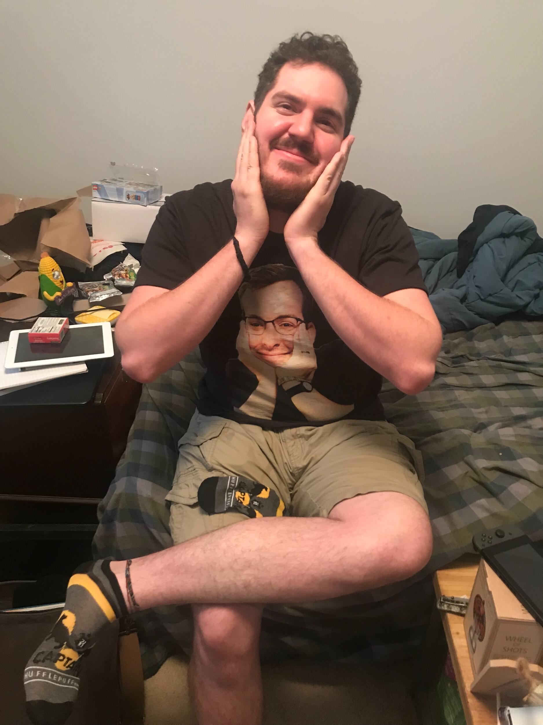 A.J. kinda likes his birthday shirt from Kat. Fun fact: this was the first of our birthdays we'd been able to spend together since we started dating. Almost two full years... that's a lot of birthdays over videocall.