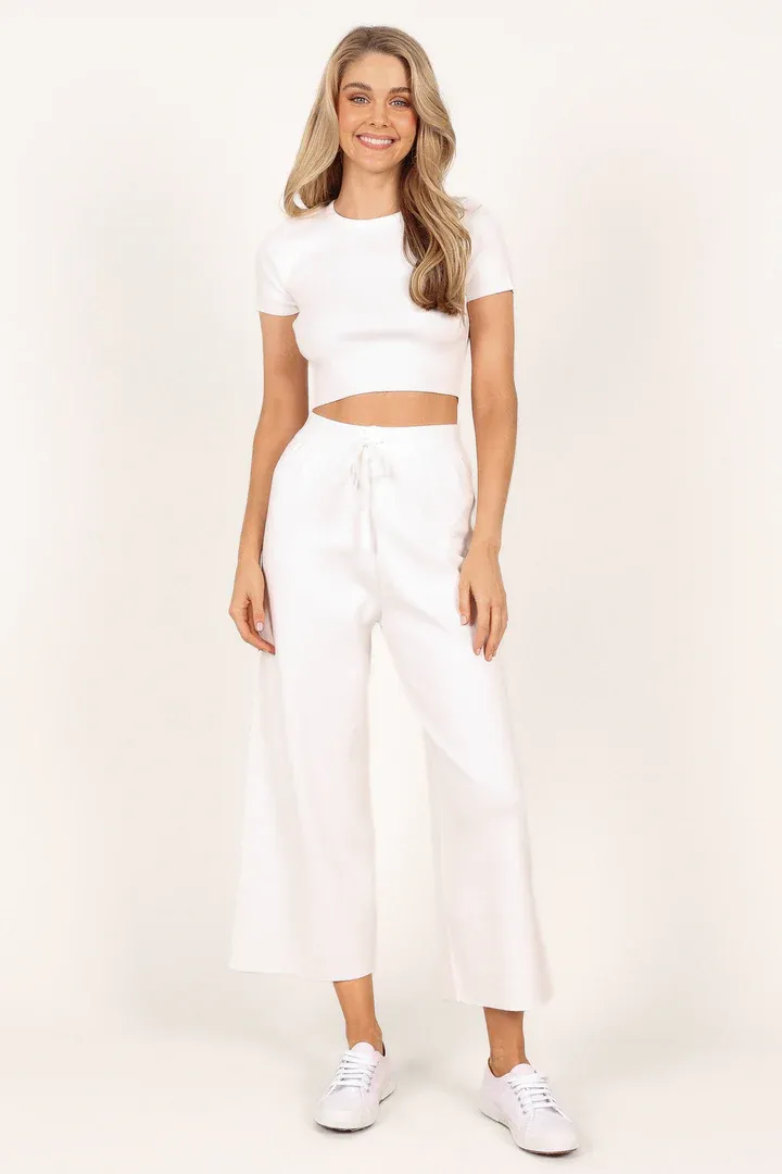 rib knit set with crop top and flowy pants