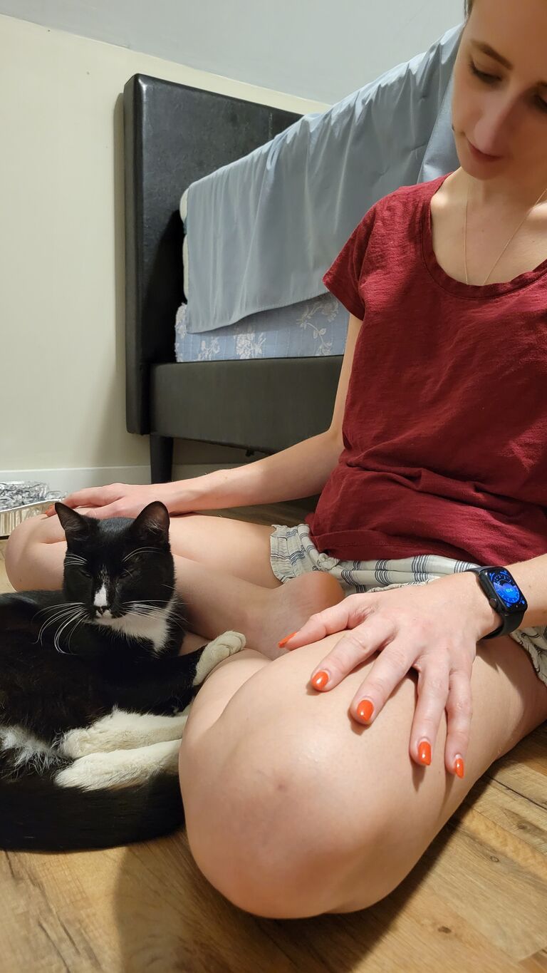 Despite being allergic, Danielle has taken to love cats, even the stray we fostered. Be well, Pog!