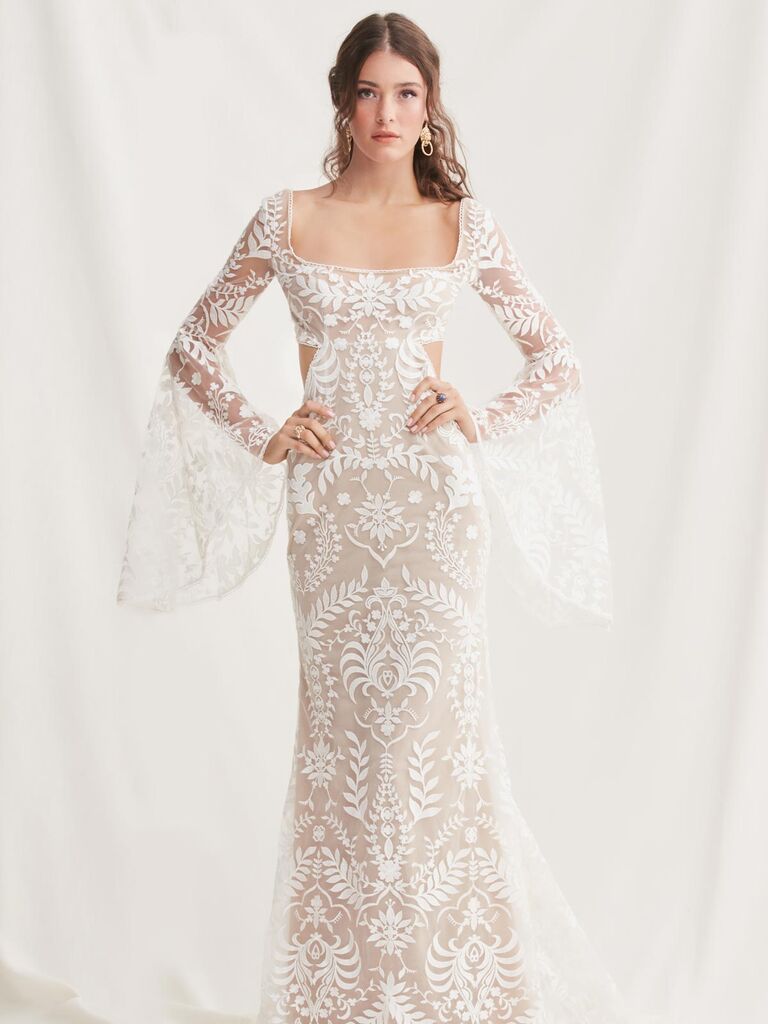 Long-sleeved bohemian wedding dress by Watters Designs. 