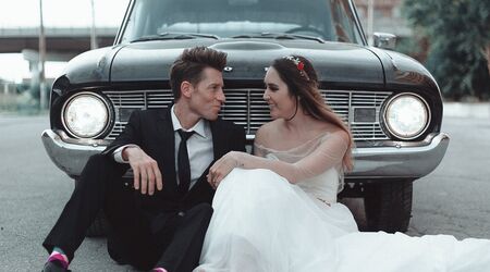 City Elopement With Bridal Jumpsuit and Vintage Wedding Car In Bath