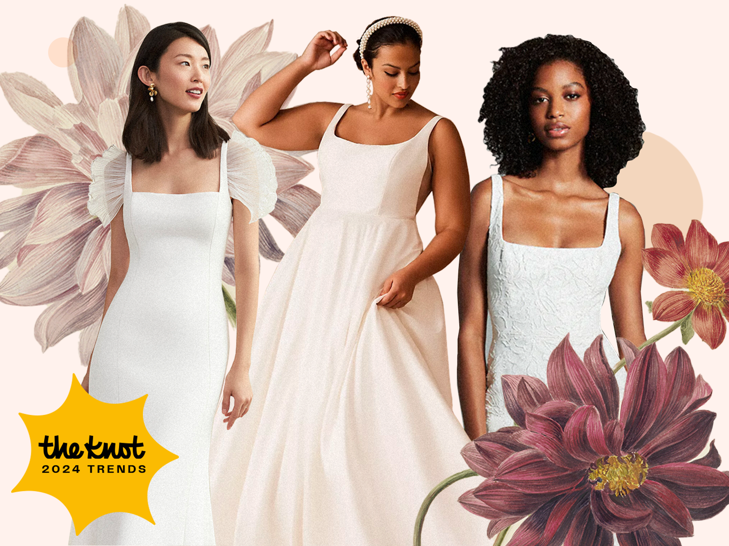Collage of three square neck wedding dress styles