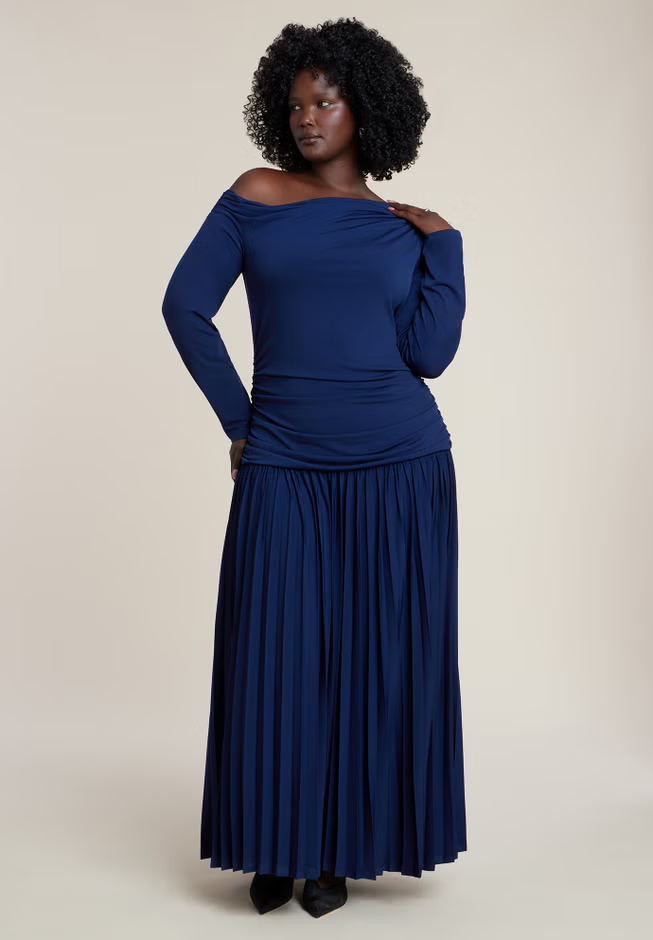Eloquii blue maxi long sleeve bridesmaid rehearsal dinner dress