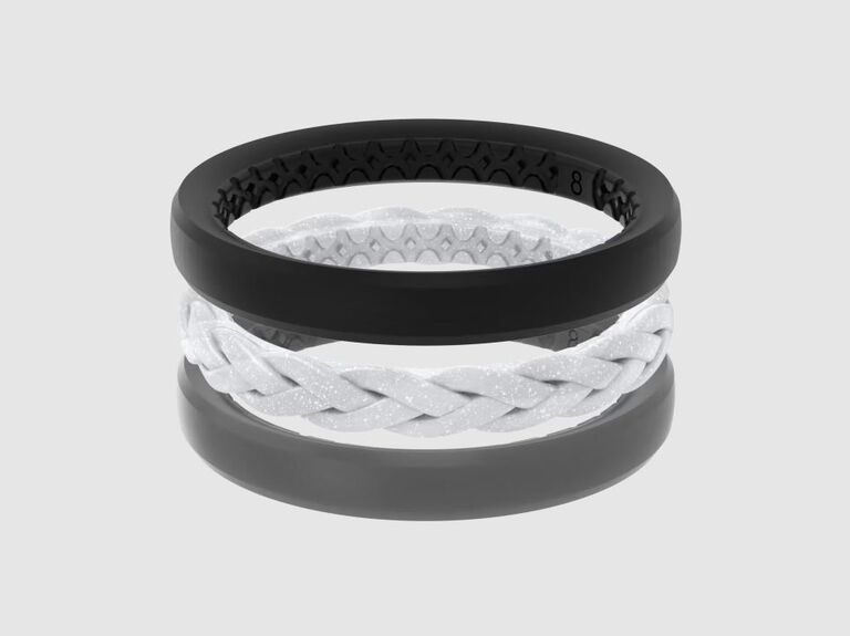 Set of three stacking silicone wedding bands with different designs