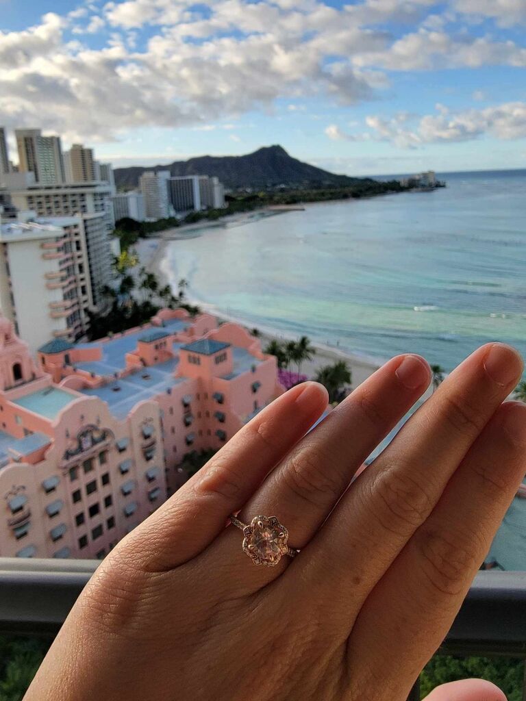 Victoria's ring from the Sheraton lanai featuring Waikiki beach, the Royal Hawaiian, and Diamondhead.