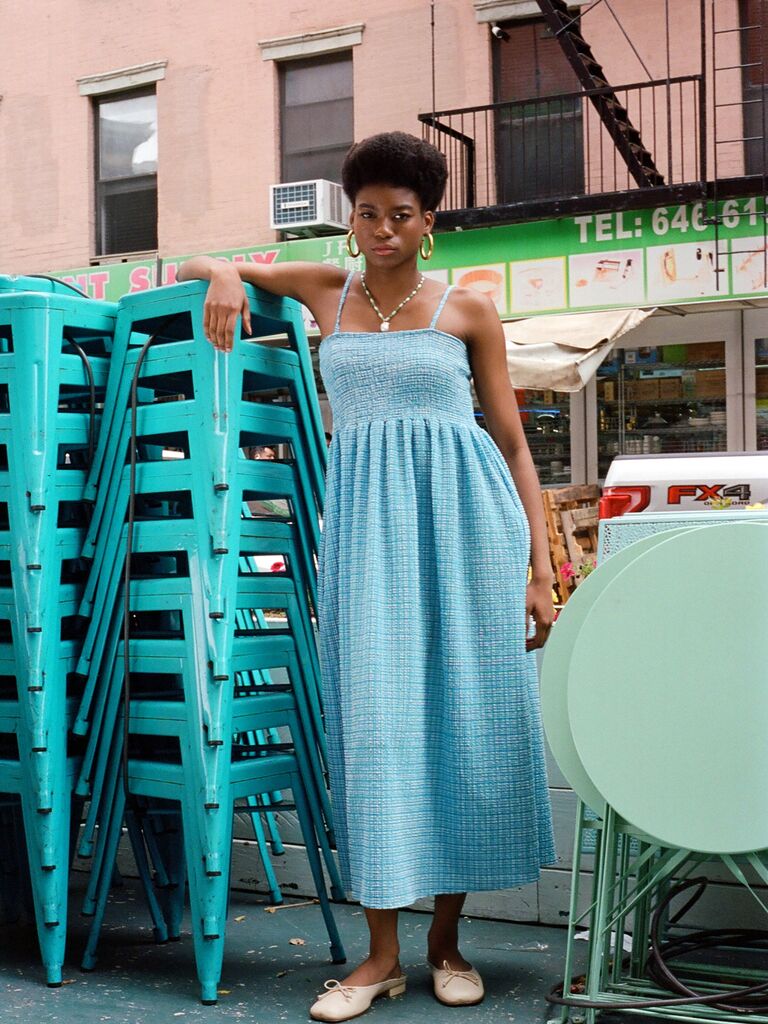 A blue micro gingham midi dress with strap-sleeves from Wray