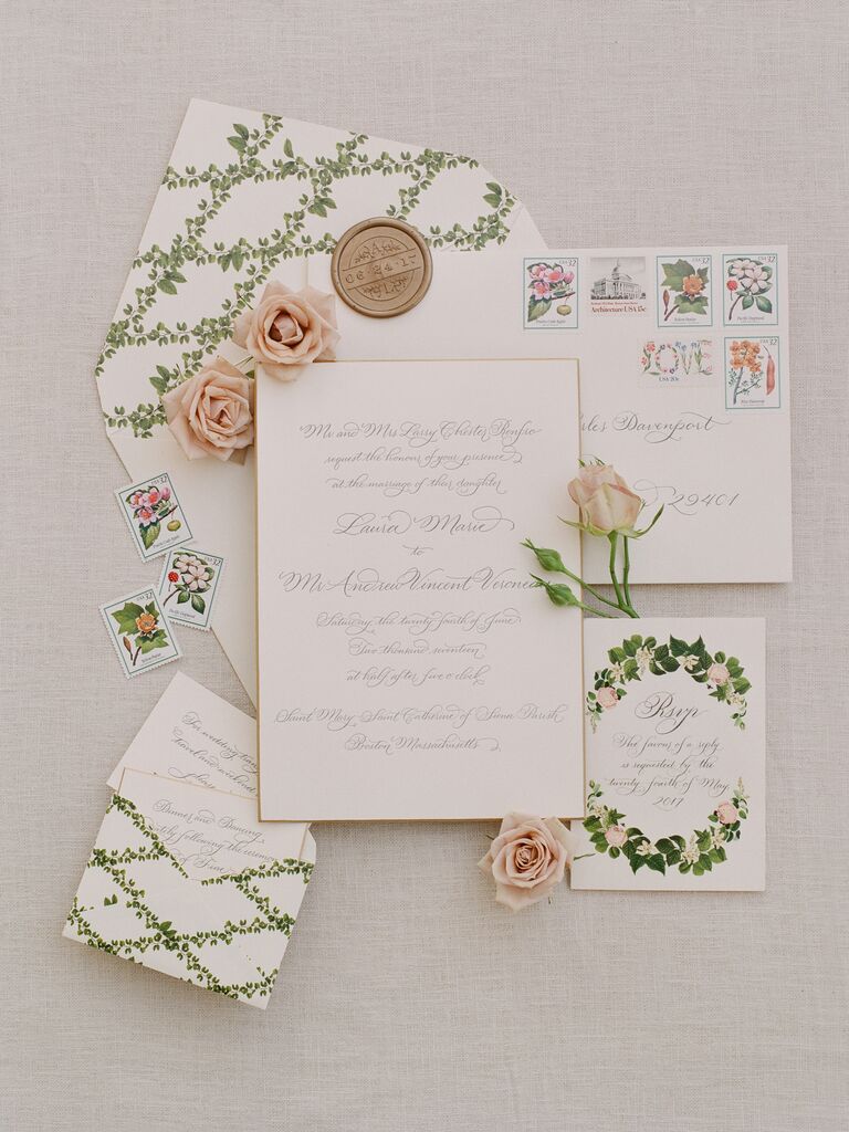 elegant spring wedding invitation with lattice envelope liner, vintage floral motifs, calligraphy and gold wax seal stamp