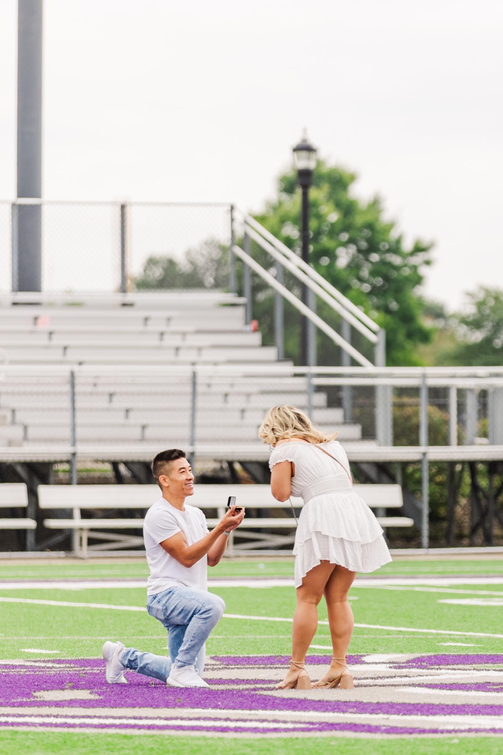 Joseph proposed in the summer of 2023 on the soccer field of Sarah's undergraduate college- the field she used to play on as a student.  She said yes!