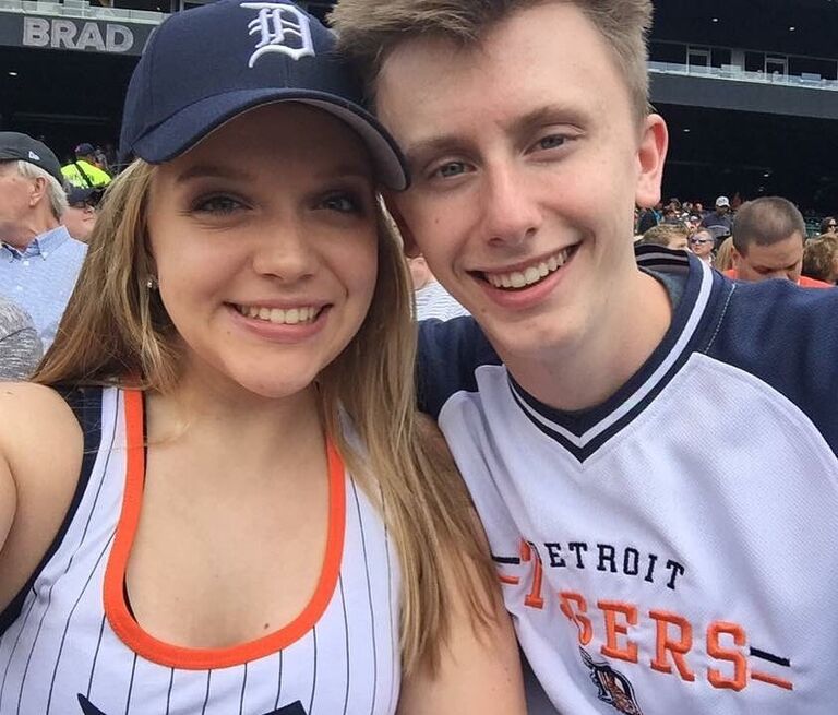 McKenna and Brennen's first Tiger's Game together. Brennen got pooped on by a bird while we were walking into the stadium. 