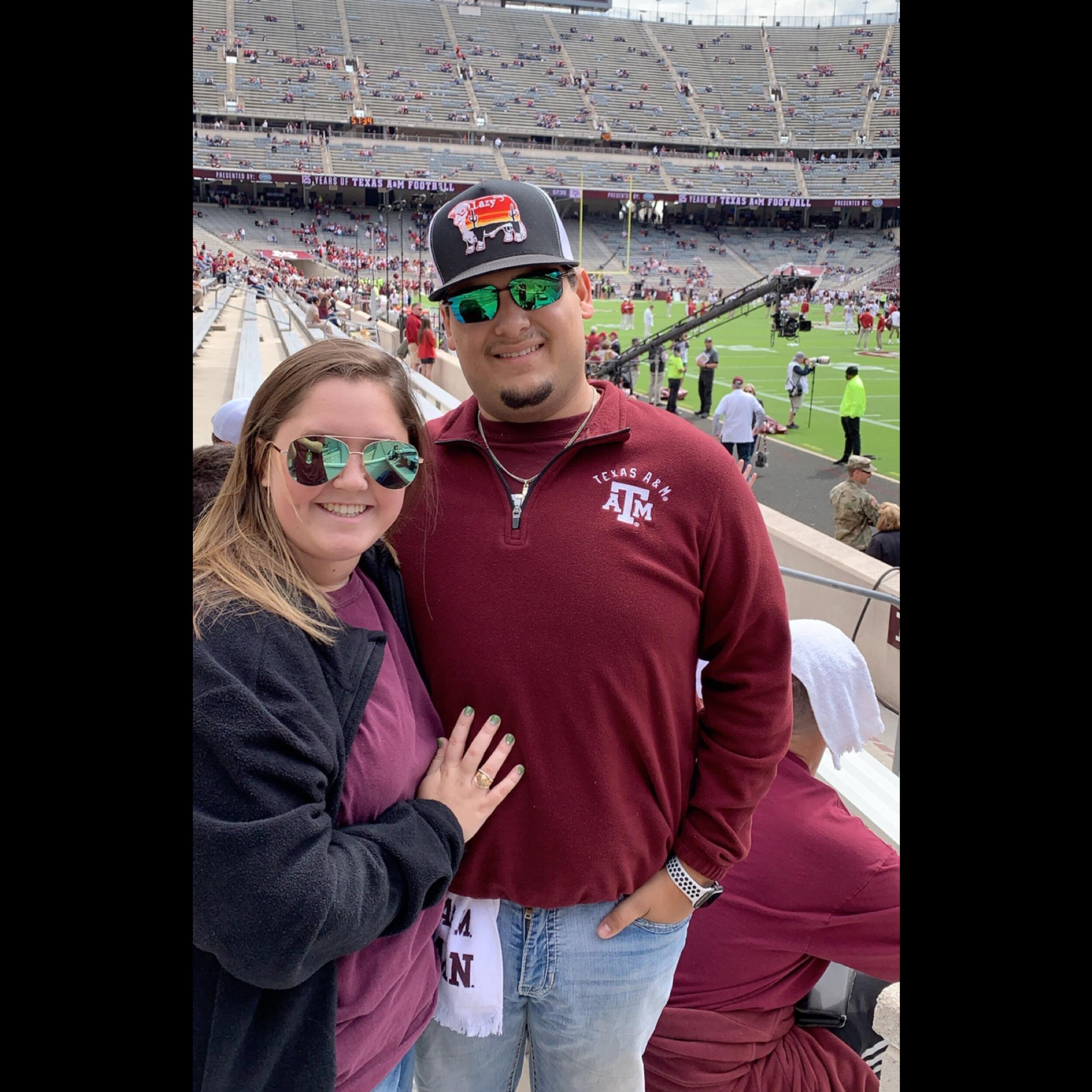 Attended their first regular season Texas A&M football game against Alabama. They were lucky enough to get their seats upgraded, so they got to stand in the first deck!