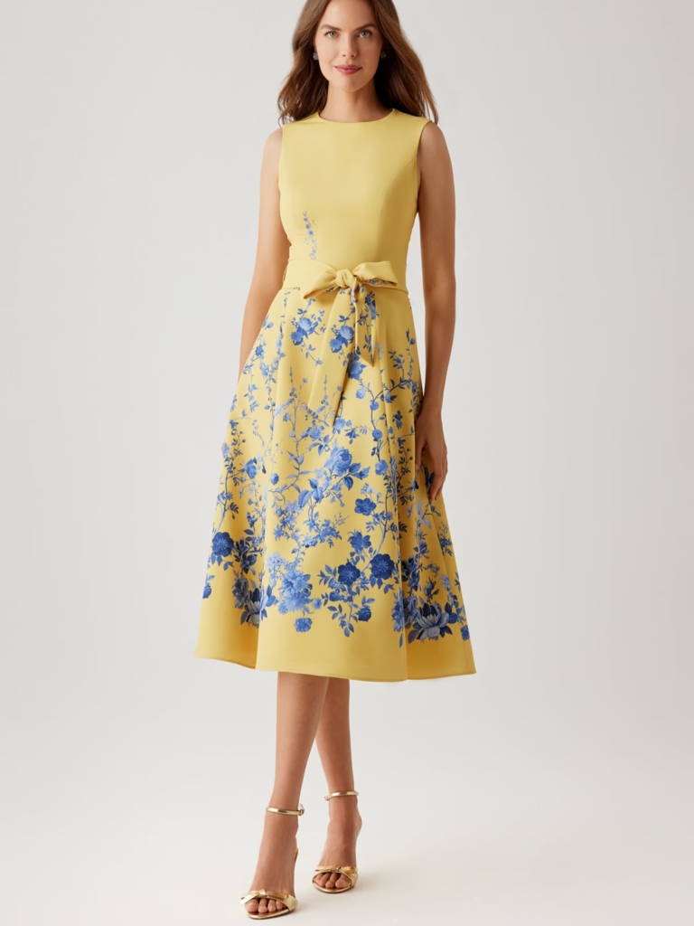 Teri Jon yellow crepe floral wedding guest cocktail dress