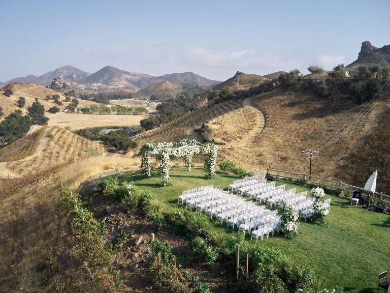 drone wedding photography, outdoor wedding in the hills shot