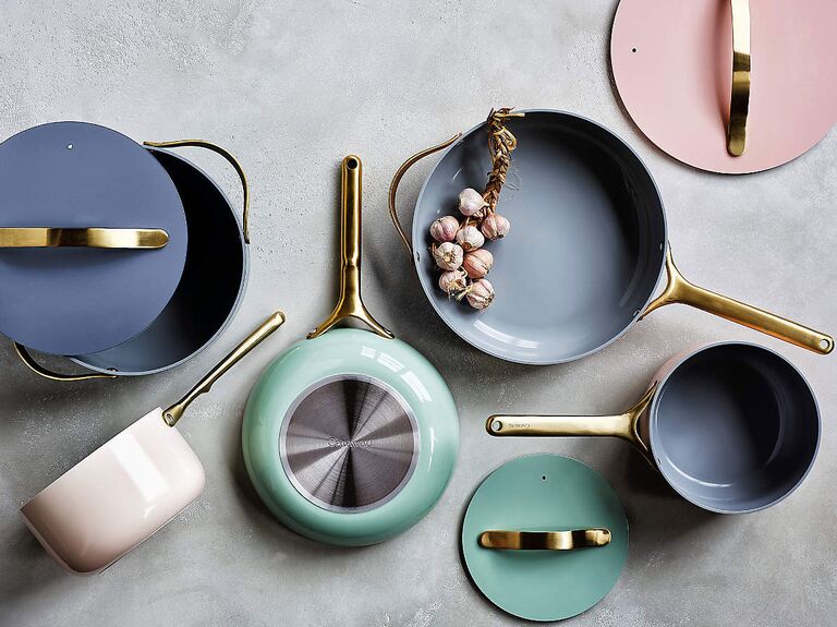 Colorful pots and pans from Crate & Barrel wedding registry store
