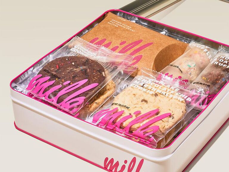 Milk Bar assortment tin with cookies, truffles and slice of pie