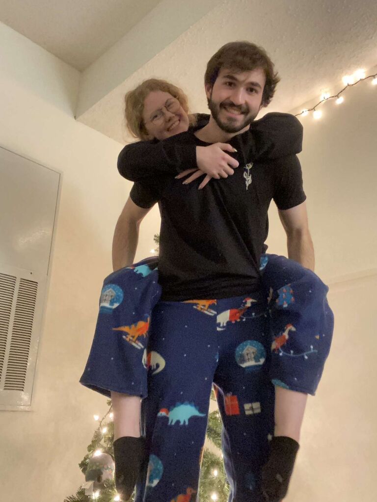 Homemade matching Christmas pajamas.