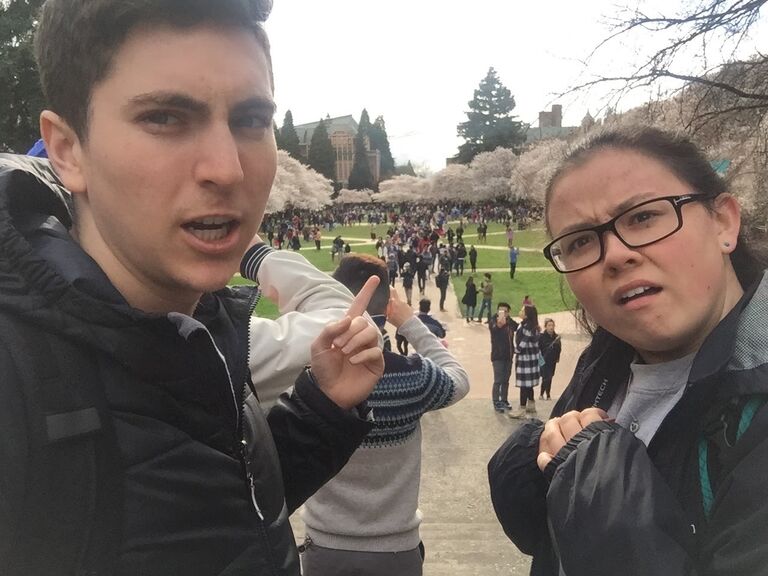 Joe and Tori wonder why all these people are looking at cherry blossom trees instead of studying for finals. 